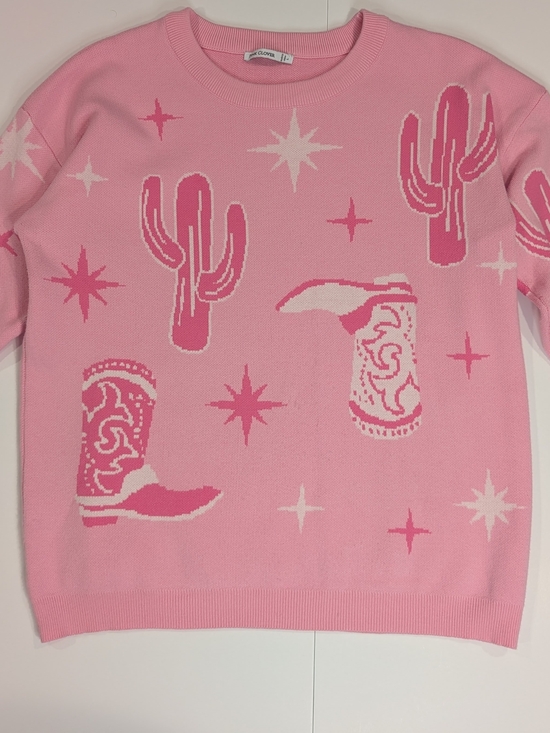 Pink Clover Sweaters - Pink Clover Western Sweater Women Size L Pink Cactus Cowboy Boot Graphic Knit